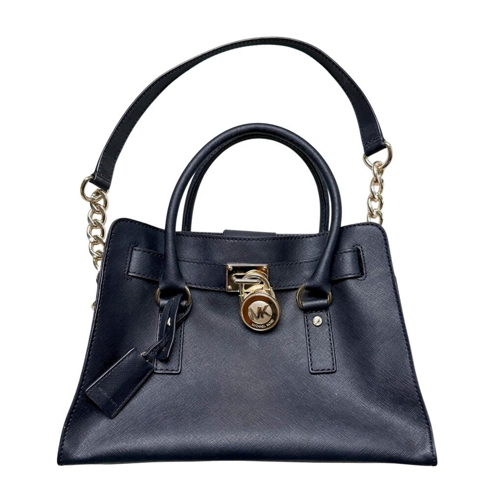 Michael Kors Hamilton Satchel Black MK Logo Coated Canvas Padlock Key Medium